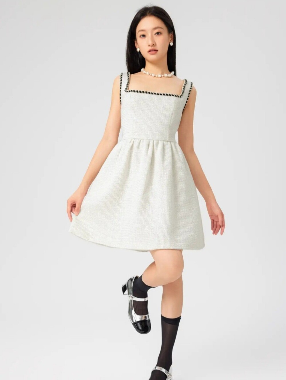 Cider White Tweed Fit And Flare Dress Sleeveless Black Trim Size L Old Money